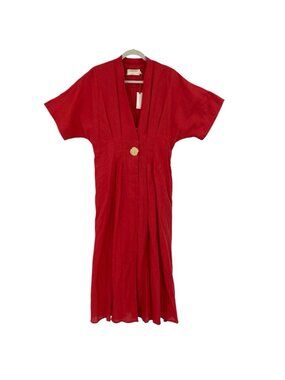 Exquise Anthropologie Kenia Coral Gold Button Front Pleats Midi Shirtdress Large